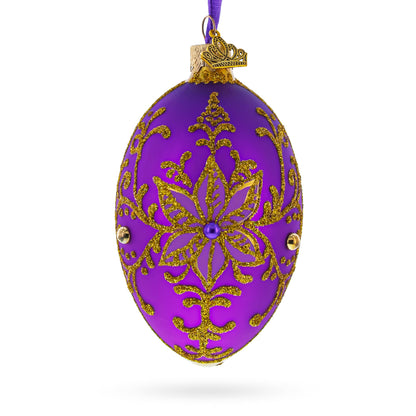 Golden Swirls on Purple Glass Egg Ornament 4 Inches