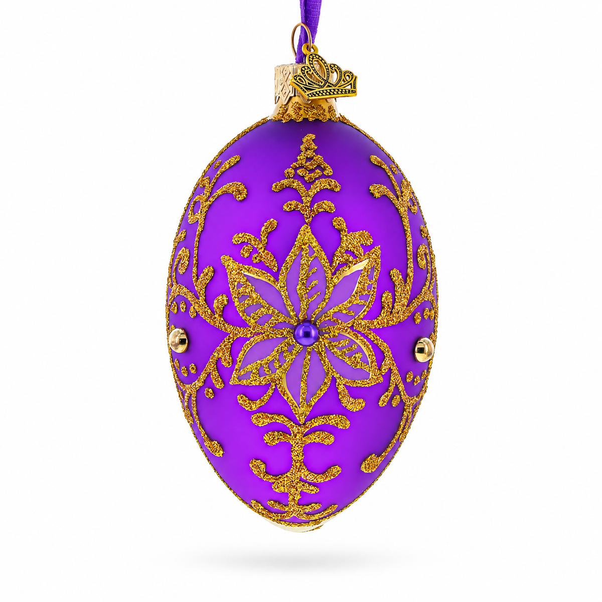 Golden Swirls on Purple Glass Egg Ornament 4 Inches