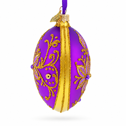 Golden Swirls on Purple Glass Egg Ornament 4 Inches