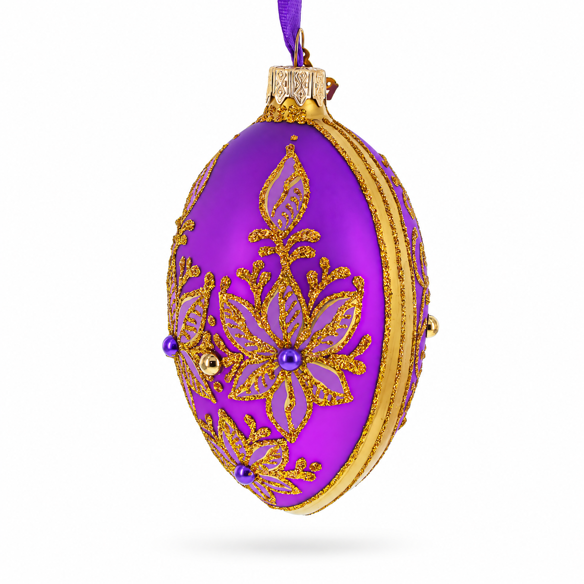 Golden Swirls on Purple Glass Egg Ornament 4 Inches
