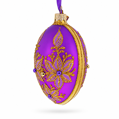 Golden Swirls on Purple Glass Egg Ornament 4 Inches
