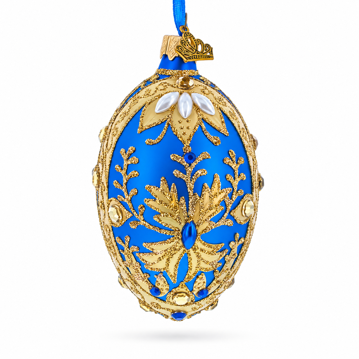 Golden Swirls on Blue Glass Egg Ornament 4 Inches