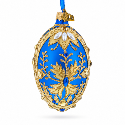 Golden Swirls on Blue Glass Egg Ornament 4 Inches