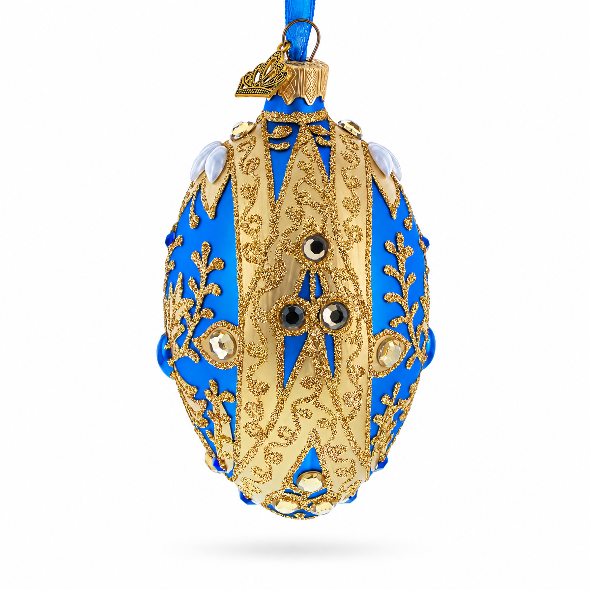 Golden Swirls on Blue Glass Egg Ornament 4 Inches