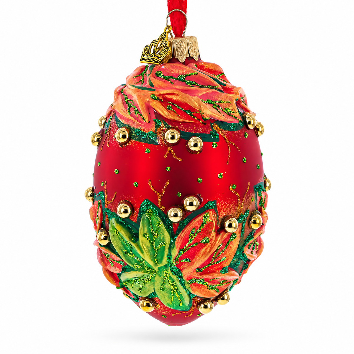 Red and Green Leaves on Red Glass Egg Ornament 4 Inches