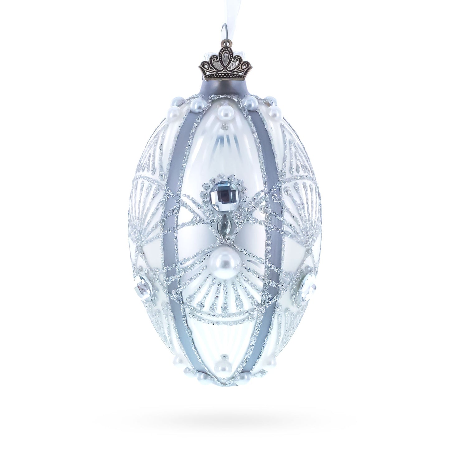 Diamonds on Silver Glass Egg Ornament 4 Inches