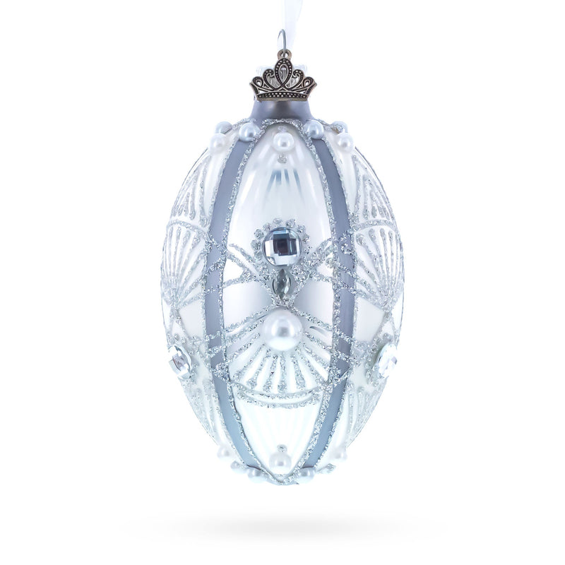 Diamonds on Silver Glass Egg Ornament 4 Inches