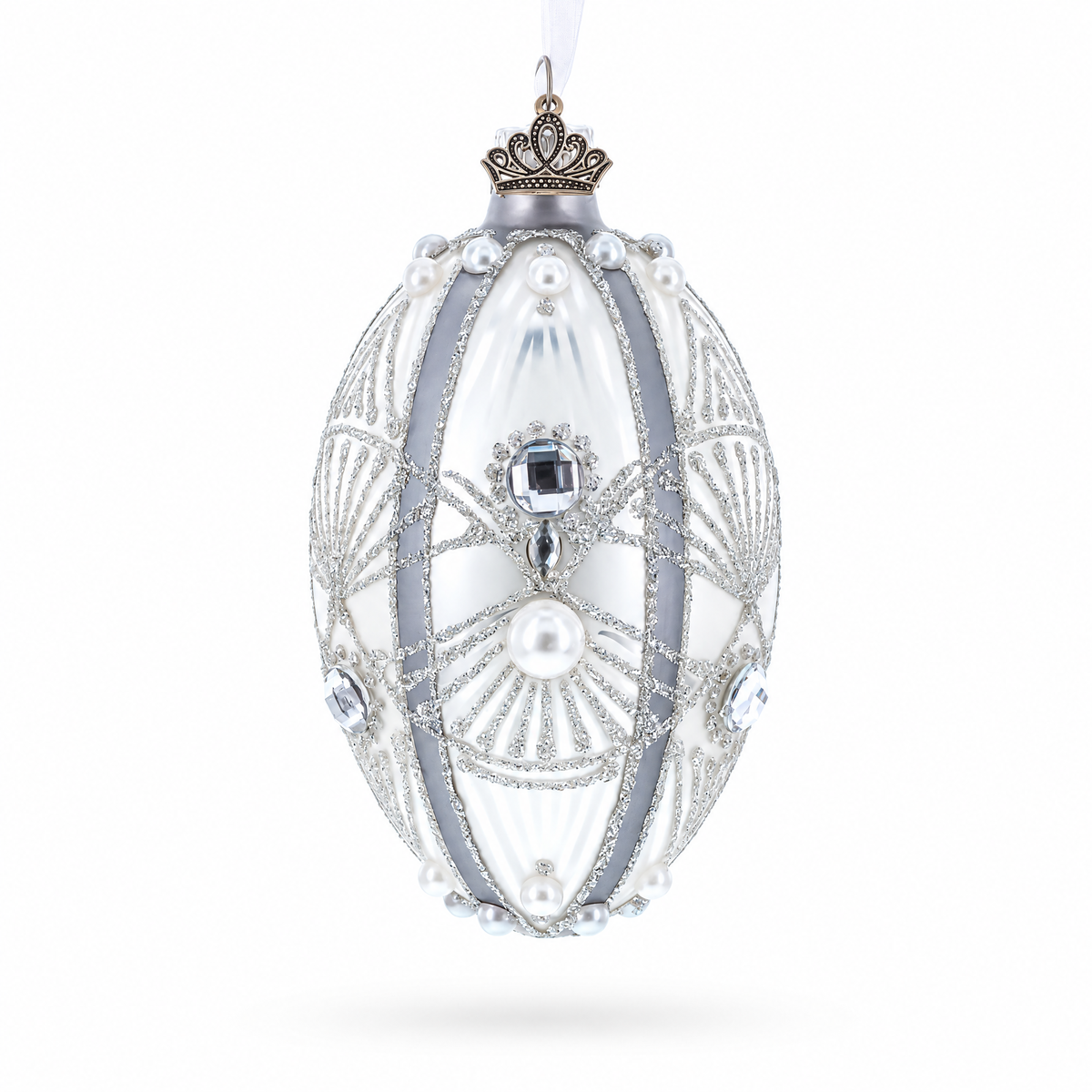 Diamonds on Silver Glass Egg Ornament 4 Inches