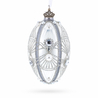 Diamonds on Silver Glass Egg Ornament 4 Inches