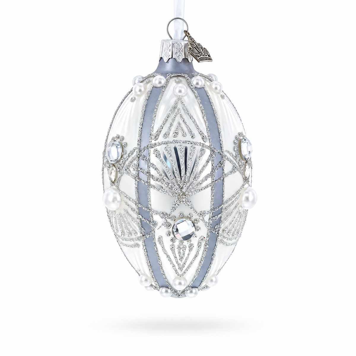 Diamonds on Silver Glass Egg Ornament 4 Inches