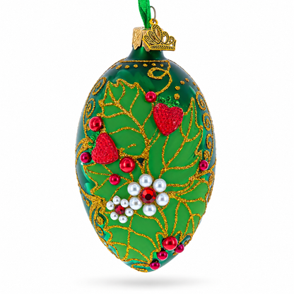Pearl on Green Leaves Glass Egg Ornament 4 Inches