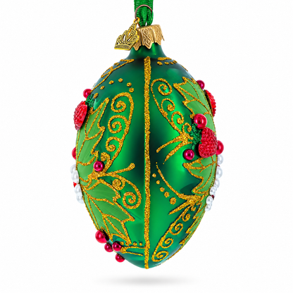 Pearl on Green Leaves Glass Egg Ornament 4 Inches