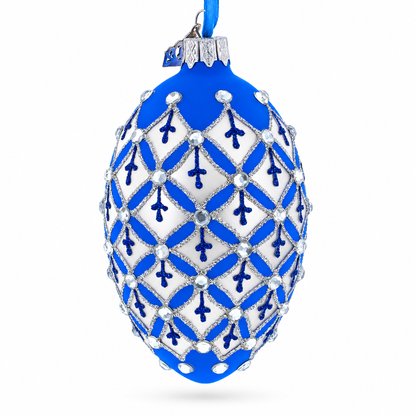 Silver Diamonds on Blue Glass Egg Ornament 4 Inches