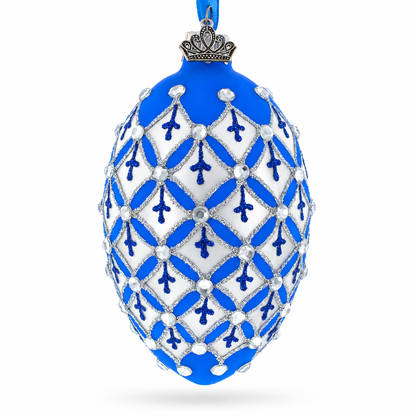 Silver Diamonds on Blue Glass Egg Ornament 4 Inches