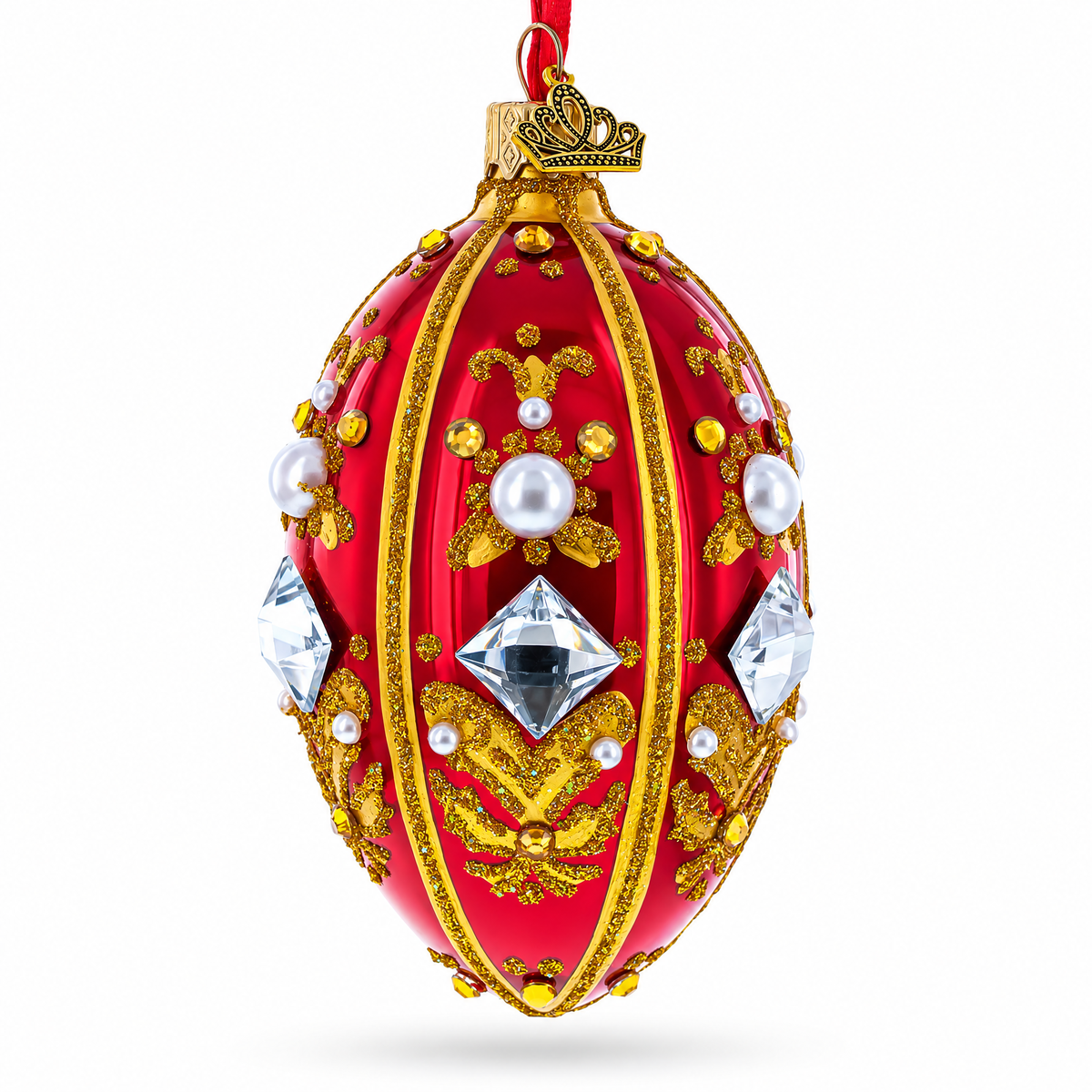 Diamonds and Pearls on Red Glass Egg Ornament 4 Inches