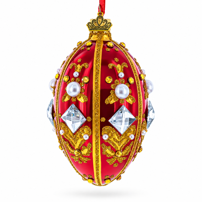 Diamonds and Pearls on Red Glass Egg Ornament 4 Inches