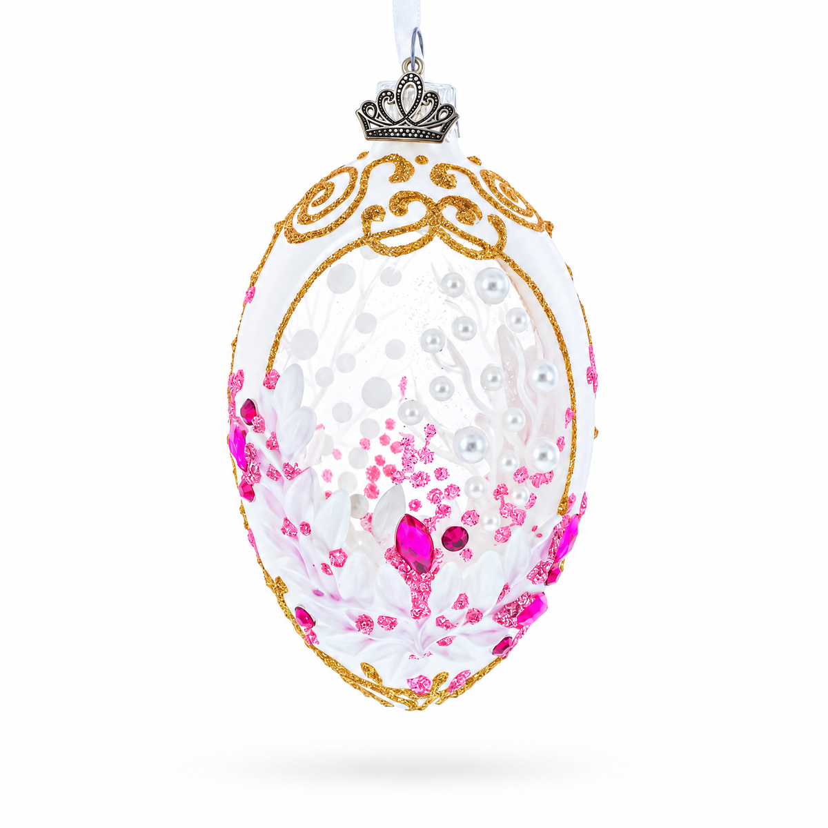 Pink Pearls on Clear Glass Egg Ornament 4 Inches