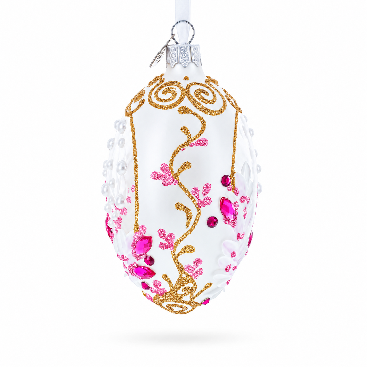 Pink Pearls on Clear Glass Egg Ornament 4 Inches