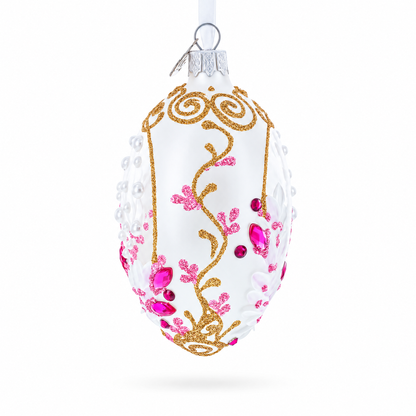 Pink Pearls on Clear Glass Egg Ornament 4 Inches