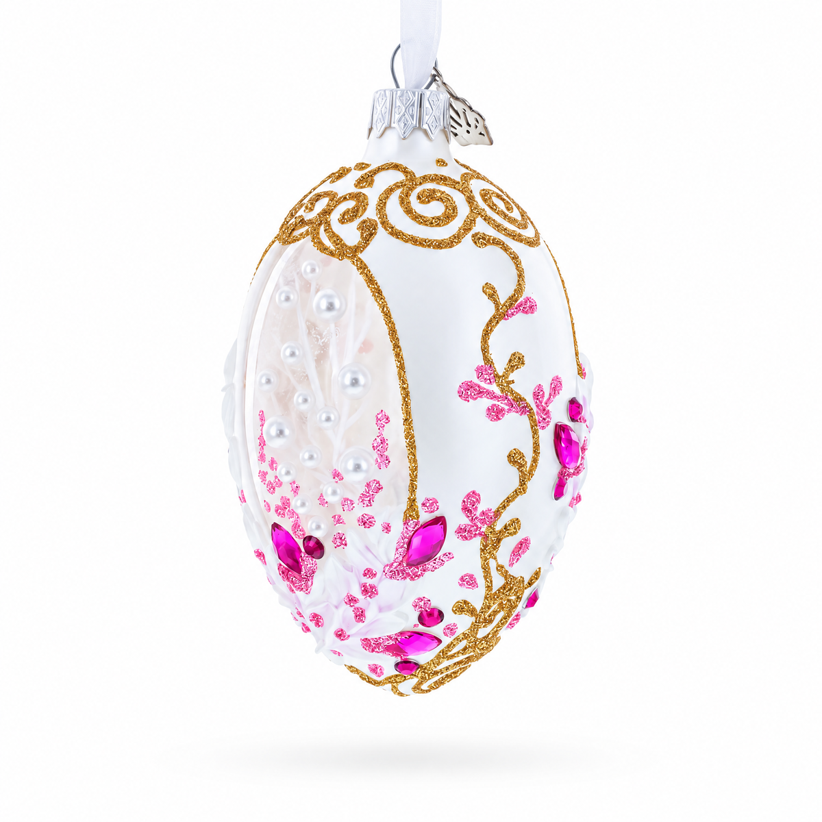 Pink Pearls on Clear Glass Egg Ornament 4 Inches