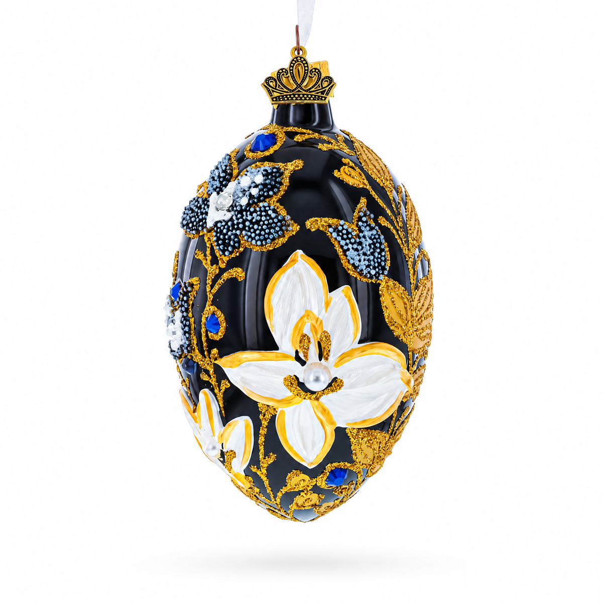 Black and Gold Floral with Jewel Accents Glass Egg Ornament 4 Inches