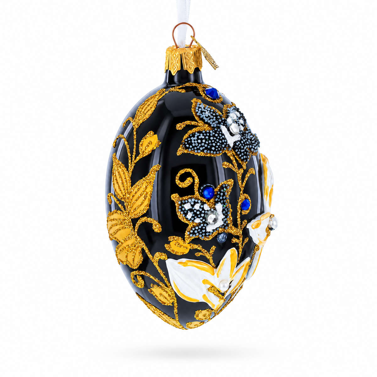 Black and Gold Floral with Jewel Accents Glass Egg Ornament 4 Inches
