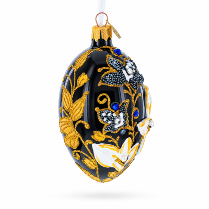 Black and Gold Floral with Jewel Accents Glass Egg Ornament 4 Inches