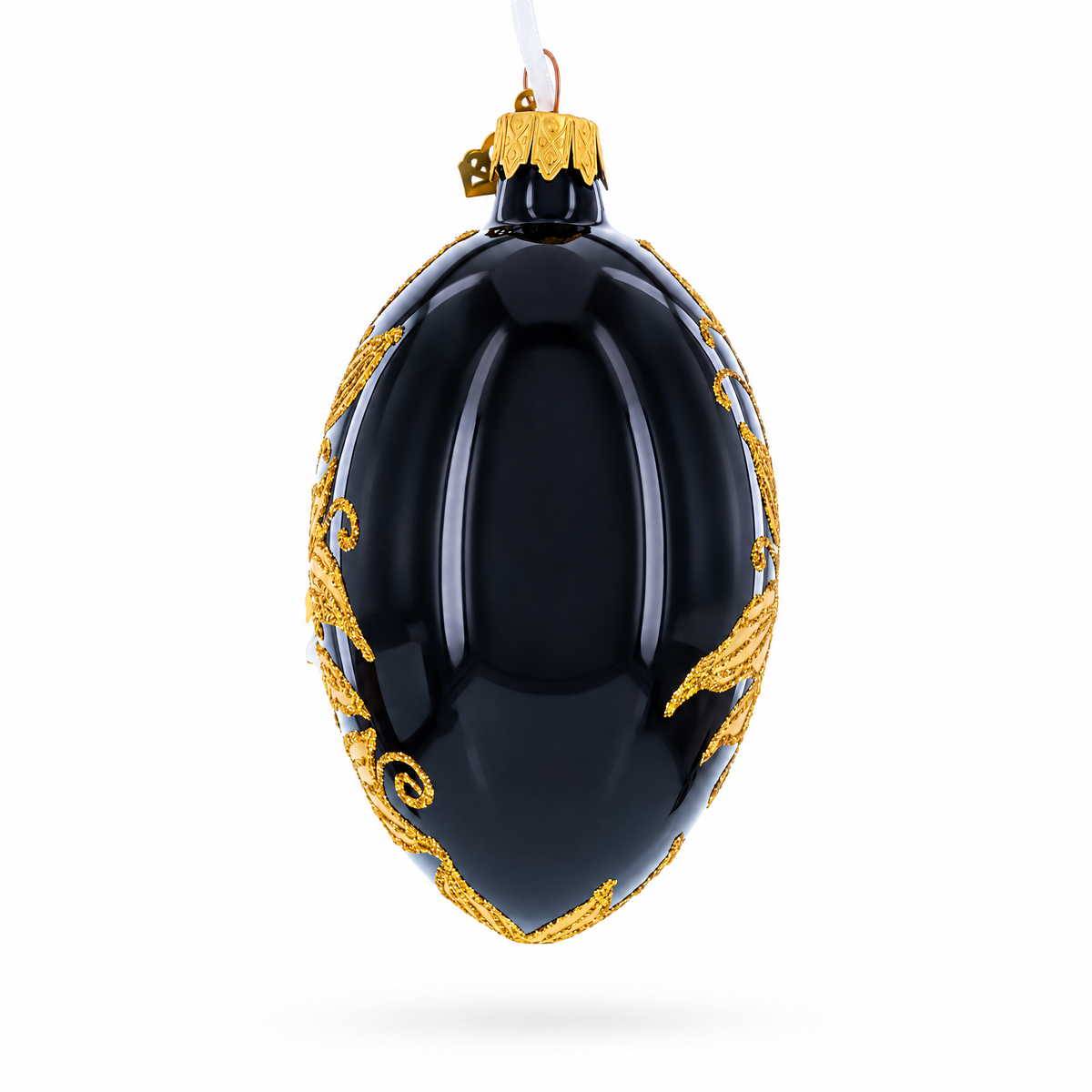 Black and Gold Floral with Jewel Accents Glass Egg Ornament 4 Inches