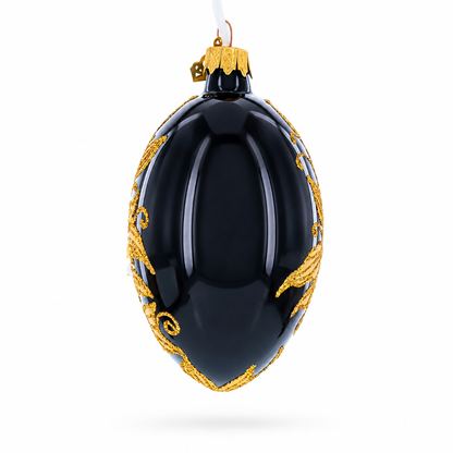 Black and Gold Floral with Jewel Accents Glass Egg Ornament 4 Inches