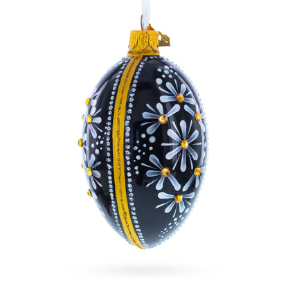 Daisy Motif with Golden Accents and Crystals Glass Egg Ornament 4 Inches