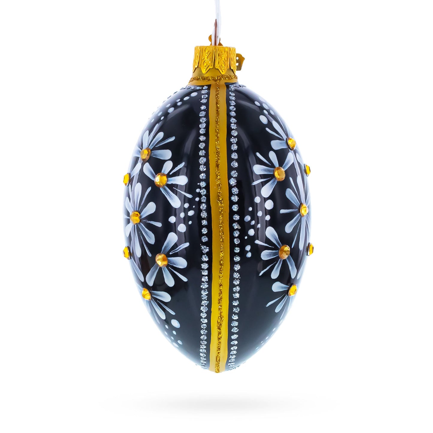 Daisy Motif with Golden Accents and Crystals Glass Egg Ornament 4 Inches