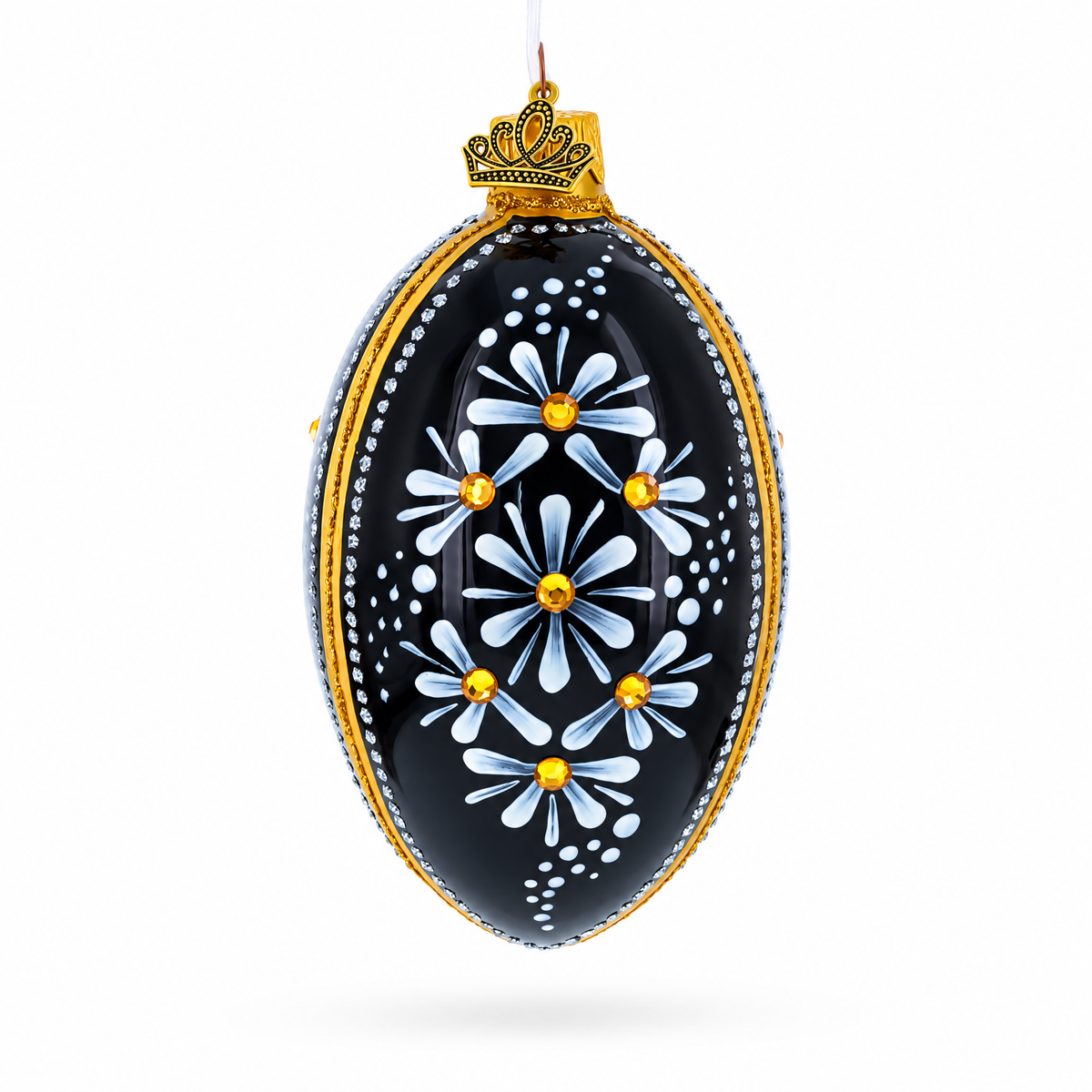 Daisy Motif with Golden Accents and Crystals Glass Egg Ornament 4 Inches