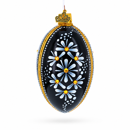 Daisy Motif with Golden Accents and Crystals Glass Egg Ornament 4 Inches