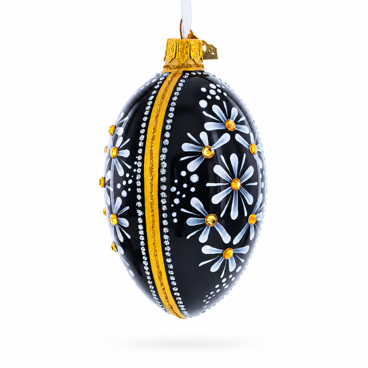 Daisy Motif with Golden Accents and Crystals Glass Egg Ornament 4 Inches