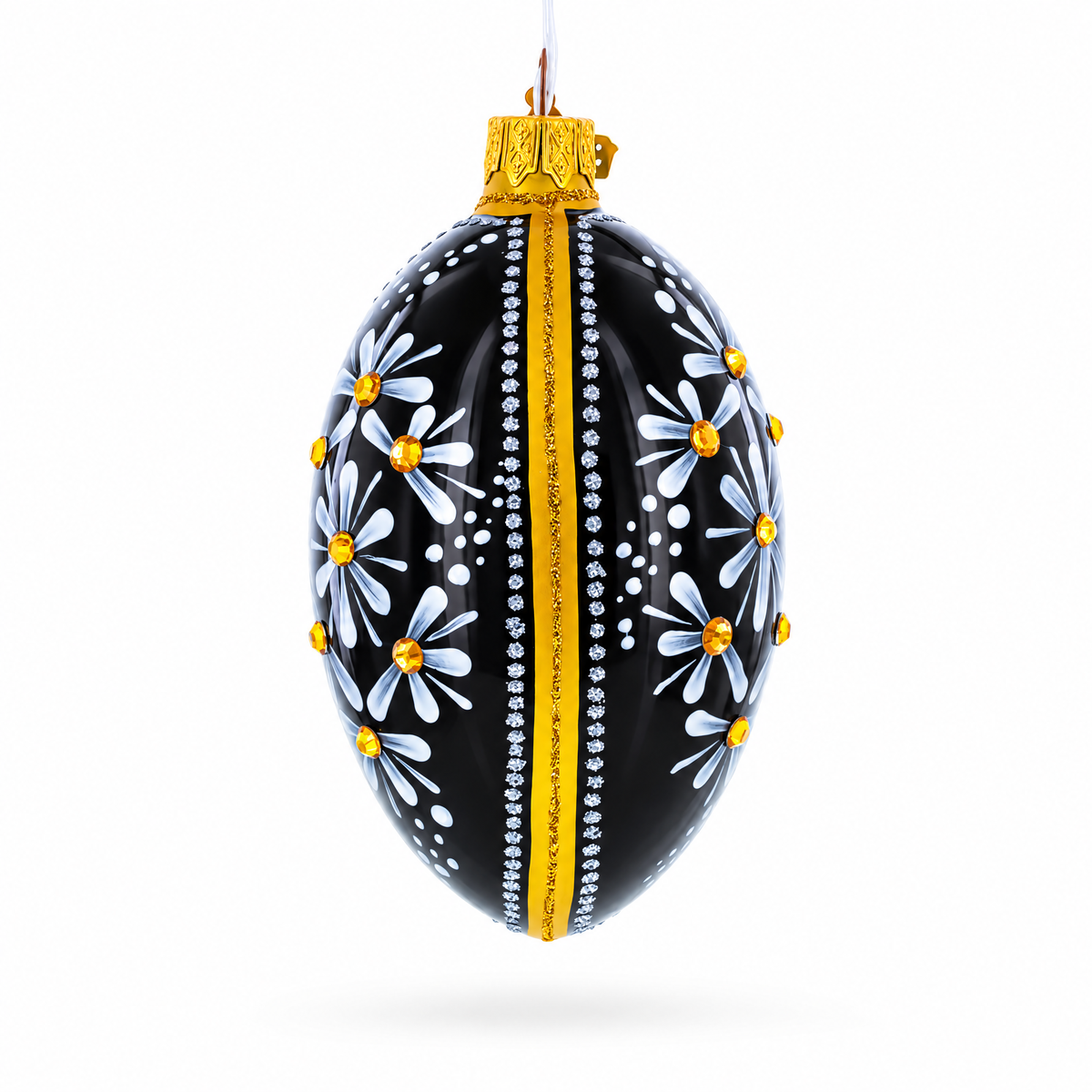 Daisy Motif with Golden Accents and Crystals Glass Egg Ornament 4 Inches