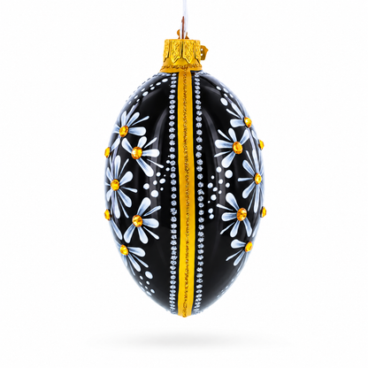Daisy Motif with Golden Accents and Crystals Glass Egg Ornament 4 Inches