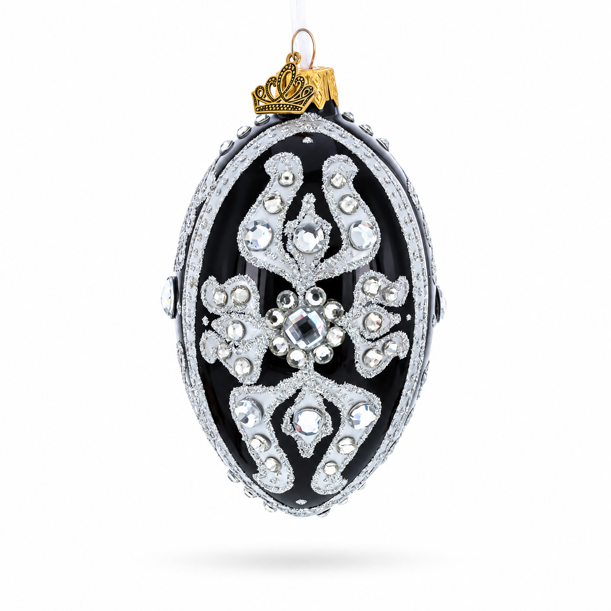 Silver and Crystal Floral Pattern on Black Glass Egg Ornament 4 Inches