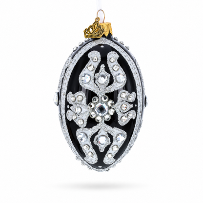 Silver and Crystal Floral Pattern on Black Glass Egg Ornament 4 Inches