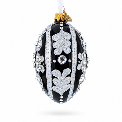 Silver and Crystal Floral Pattern on Black Glass Egg Ornament 4 Inches