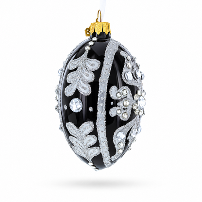 Silver and Crystal Floral Pattern on Black Glass Egg Ornament 4 Inches