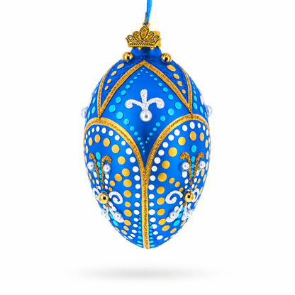 Royal Blue and Gold Festive Design Glass Egg Ornament 4 Inches