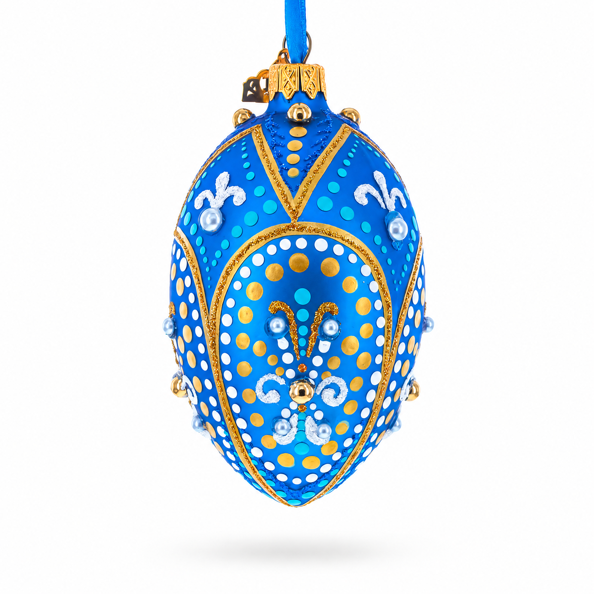 Royal Blue and Gold Festive Design Glass Egg Ornament 4 Inches