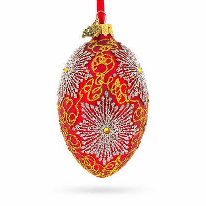 Red and Gold Paisley with Silver Starburst Glass Egg Ornament 4 Inches