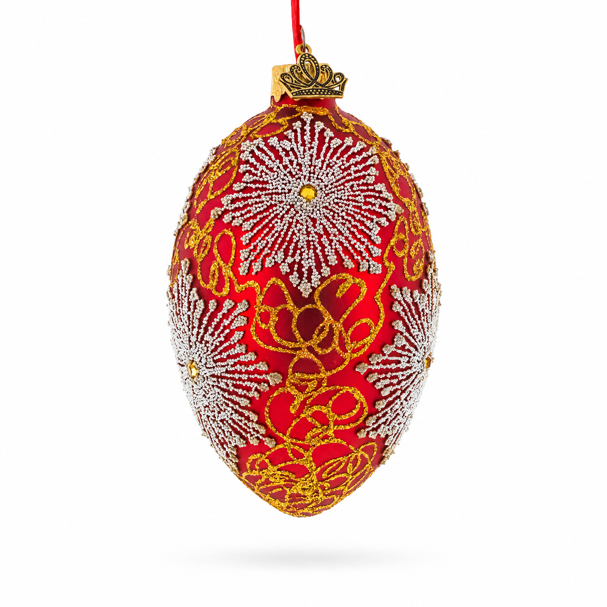 Red and Gold Paisley with Silver Starburst Glass Egg Ornament 4 Inches