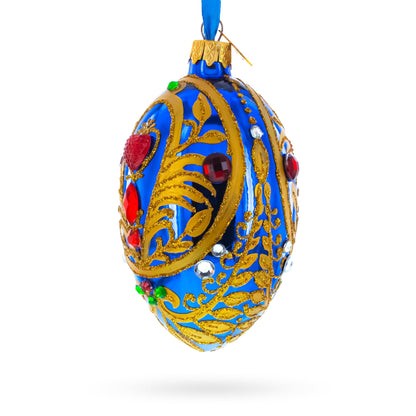 Royal Blue Regal Heart and Gemstones Embellished Glass Egg Ornament 4 Inches