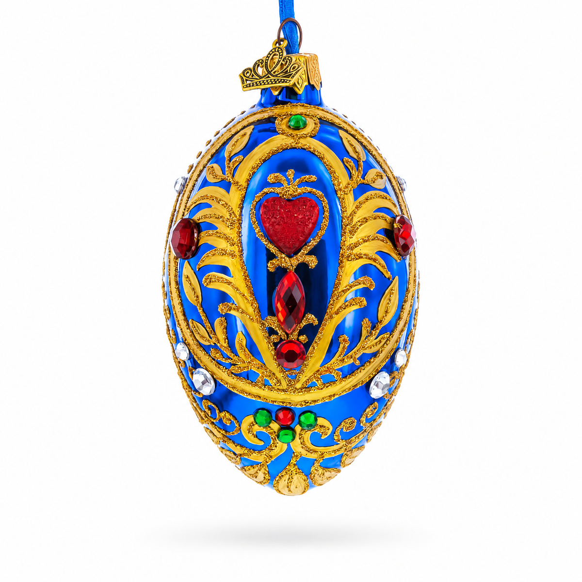 Royal Blue Regal Heart and Gemstones Embellished Glass Egg Ornament 4 Inches
