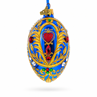 Royal Blue Regal Heart and Gemstones Embellished Glass Egg Ornament 4 Inches
