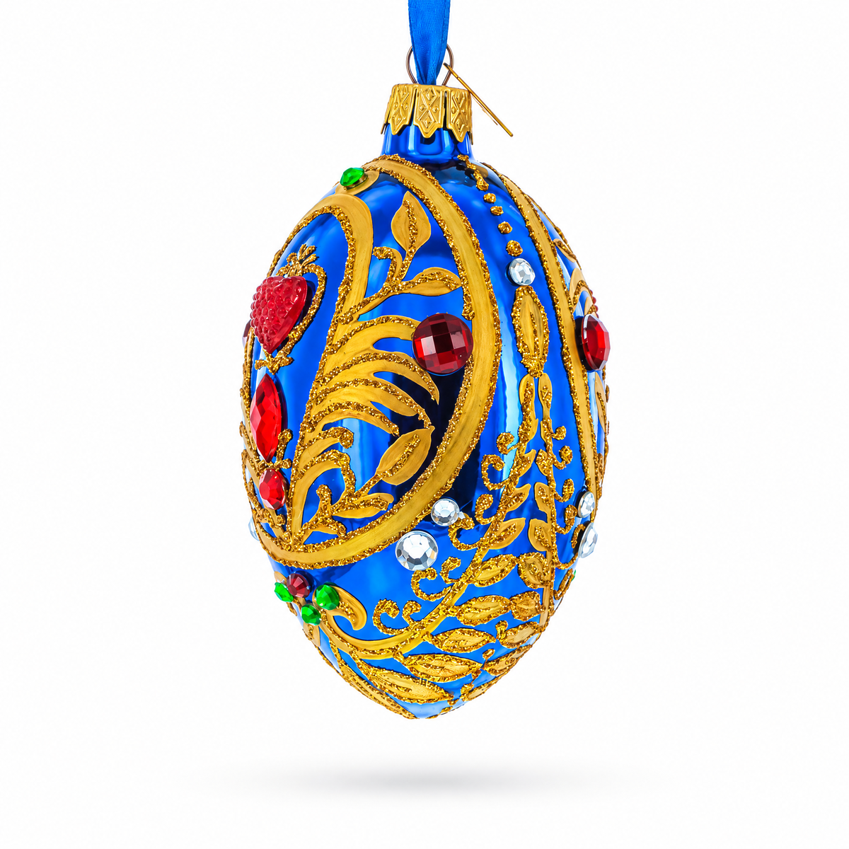 Royal Blue Regal Heart and Gemstones Embellished Glass Egg Ornament 4 Inches