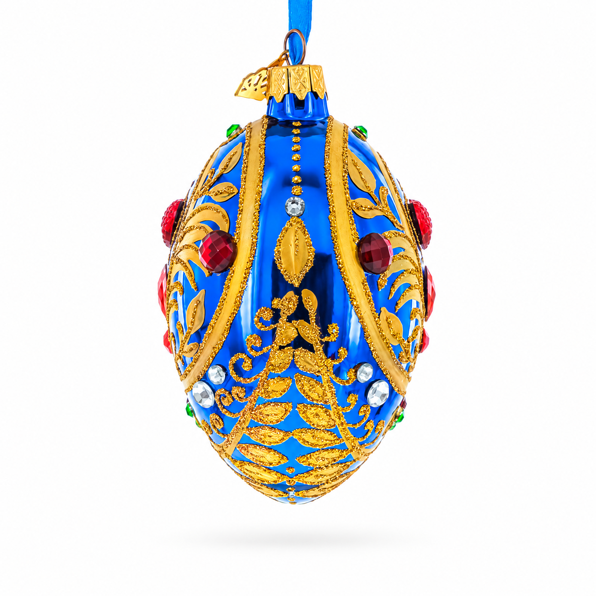 Royal Blue Regal Heart and Gemstones Embellished Glass Egg Ornament 4 Inches