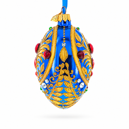 Royal Blue Regal Heart and Gemstones Embellished Glass Egg Ornament 4 Inches